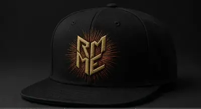 Schwarze Snapback-Cap mit gesticktem RMME-Emblem in Gold/Orange, Dreiviertelansicht