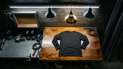 Dunkles T-Shirt ohne Aufdruck, flach auf einer Holzwerkbank ausgelegt, warmes Werkstattlicht