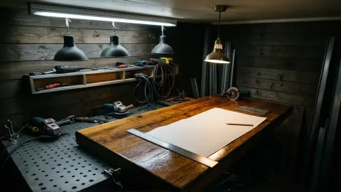 Leeres Zeichenblatt flach auf einer Holzwerkbank, ein Bleistift an der Blattkante, kleine Stahlreste als Beschwerer, warmes Punktlicht